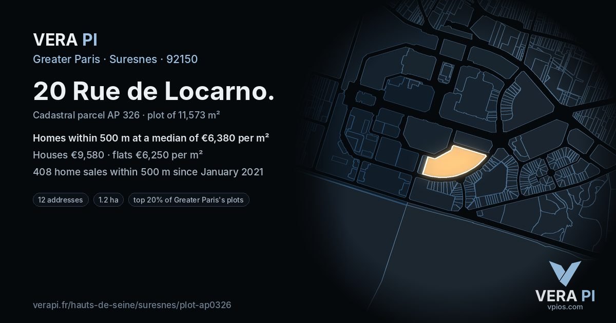 20 Rue de Locarno, Suresnes at night – the plot lit, the parcels around coloured by the prices near them