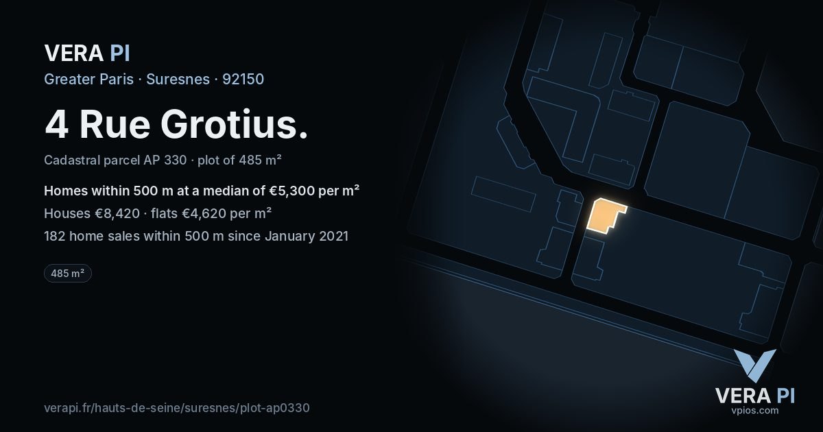 4 Rue Grotius, Suresnes at night – the plot lit, the parcels around coloured by the prices near them