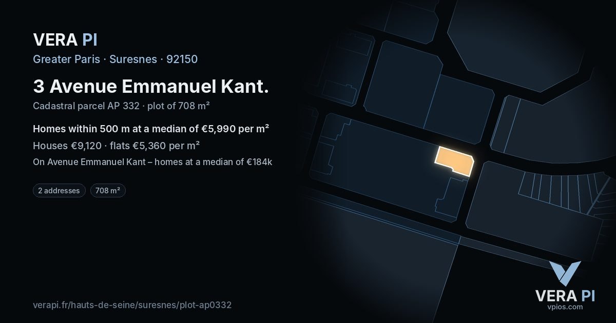 3 Avenue Emmanuel Kant, Suresnes at night – the plot lit, the parcels around coloured by the prices near them