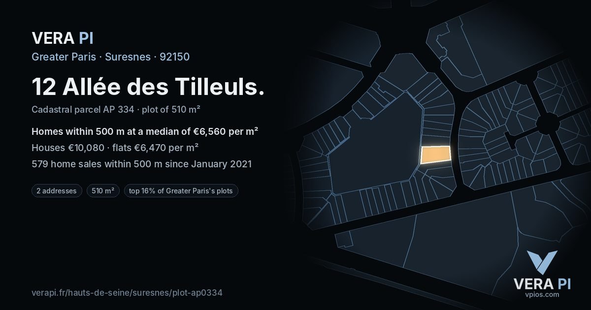 12 Allée des Tilleuls, Suresnes at night – the plot lit, the parcels around coloured by the prices near them