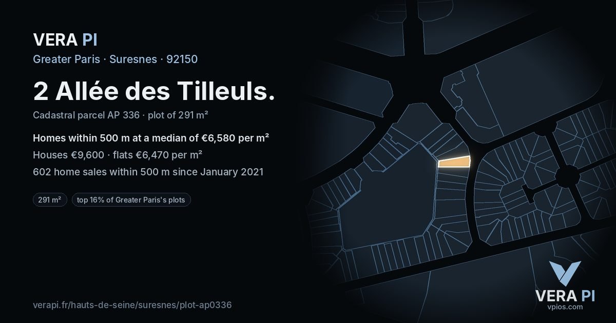 2 Allée des Tilleuls, Suresnes at night – the plot lit, the parcels around coloured by the prices near them