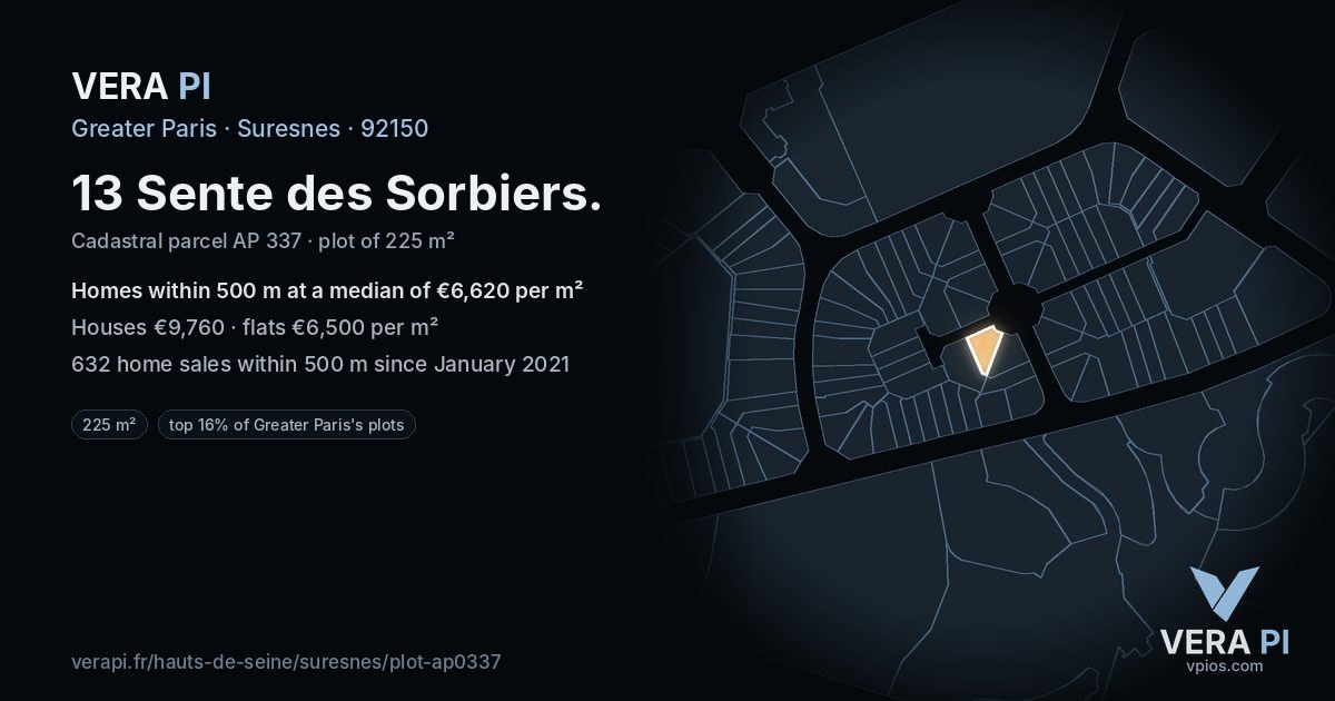 13 Sente des Sorbiers, Suresnes at night – the plot lit, the parcels around coloured by the prices near them