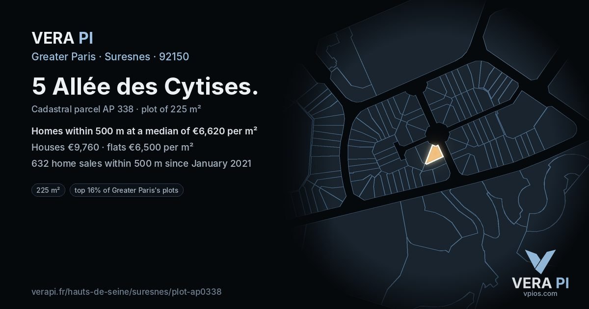 5 Allée des Cytises, Suresnes at night – the plot lit, the parcels around coloured by the prices near them