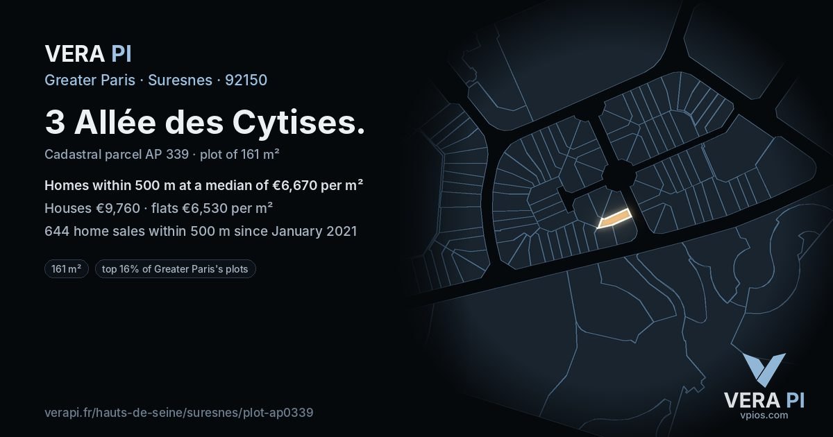 3 Allée des Cytises, Suresnes at night – the plot lit, the parcels around coloured by the prices near them