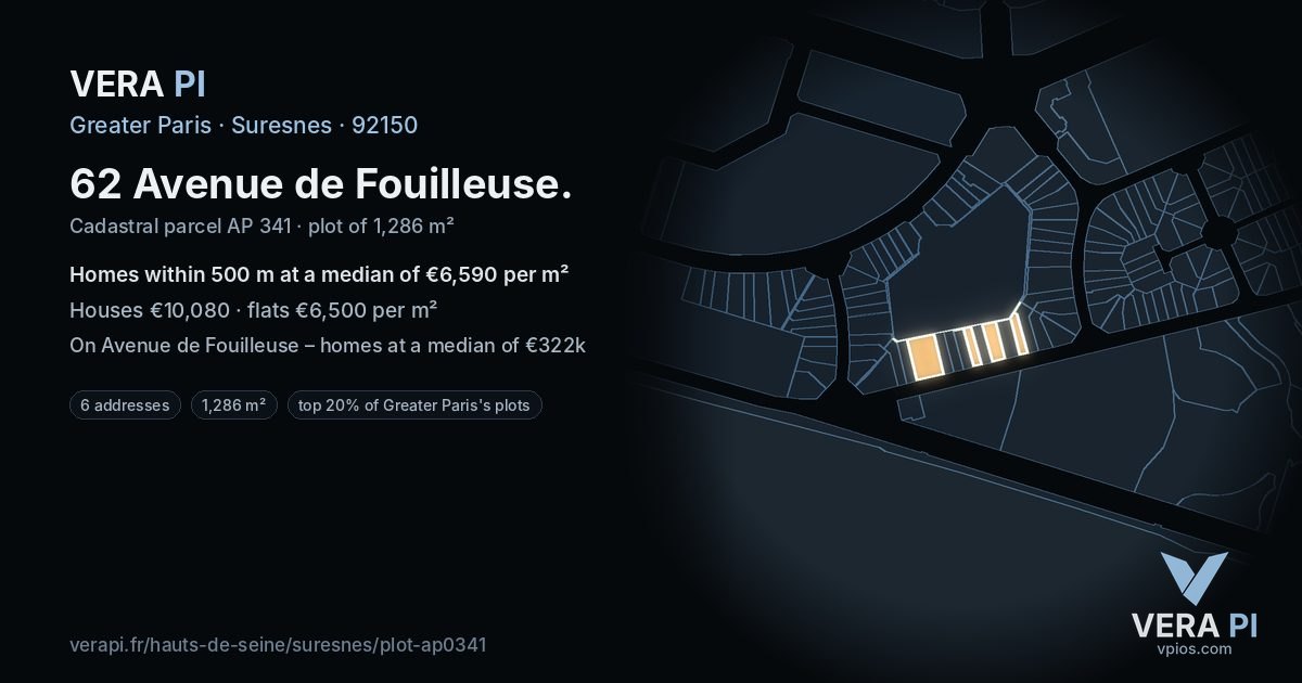 62 Avenue de Fouilleuse, Suresnes at night – the plot lit, the parcels around coloured by the prices near them