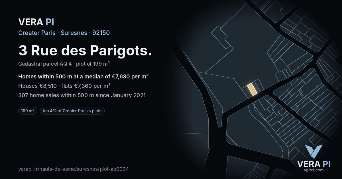 3 Rue des Parigots, Suresnes at night – the plot lit, the parcels around coloured by the prices near them