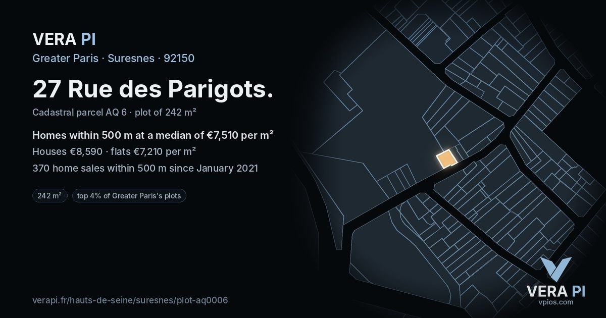27 Rue des Parigots, Suresnes at night – the plot lit, the parcels around coloured by the prices near them
