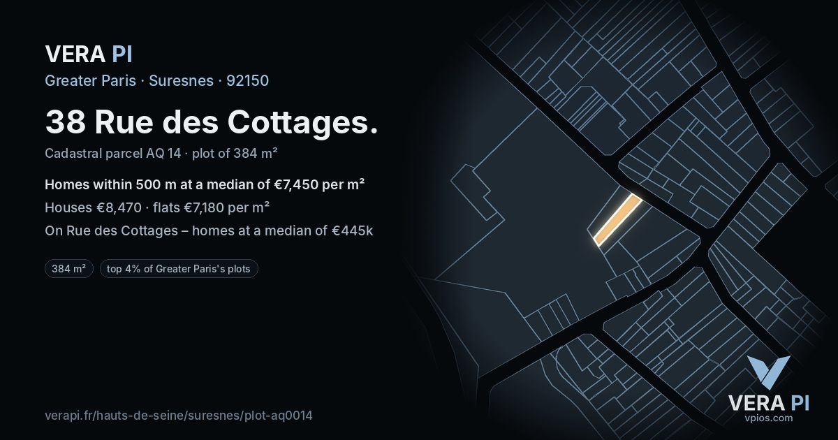 38 Rue des Cottages, Suresnes at night – the plot lit, the parcels around coloured by the prices near them
