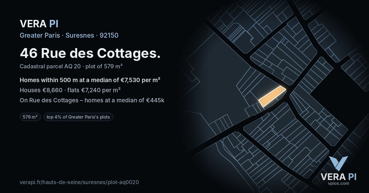 46 Rue des Cottages, Suresnes at night – the plot lit, the parcels around coloured by the prices near them