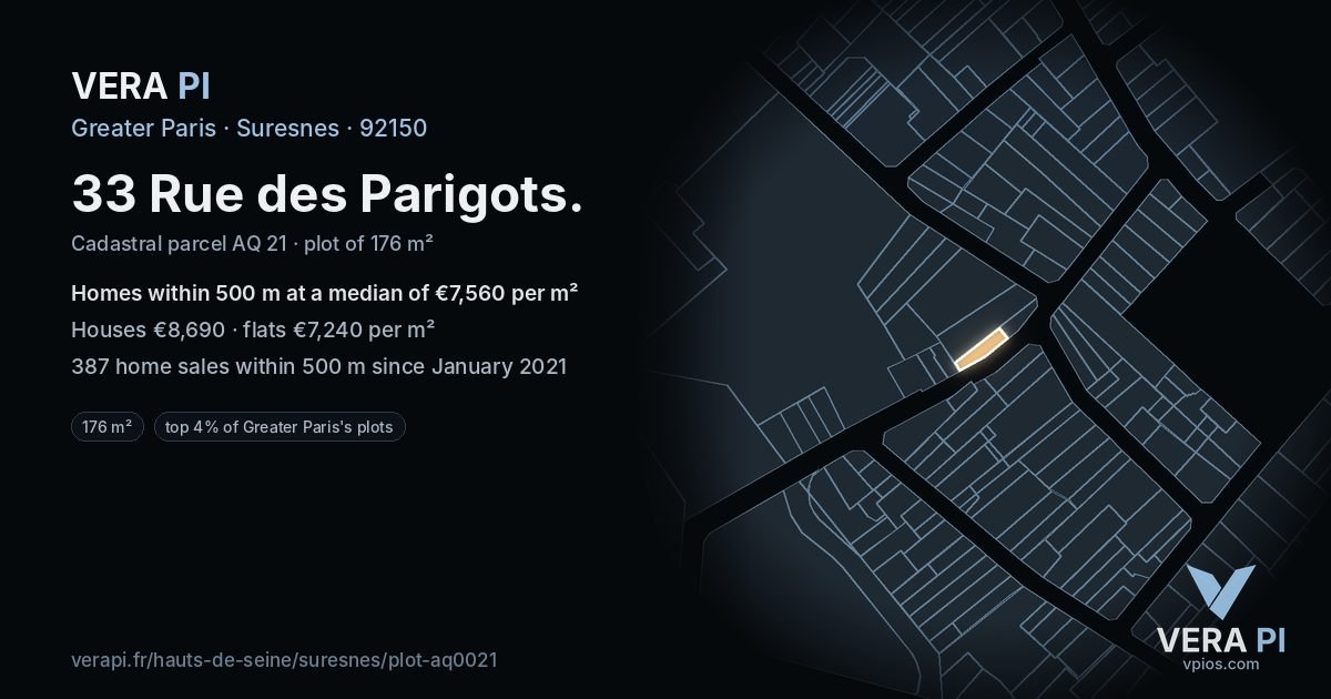 33 Rue des Parigots, Suresnes at night – the plot lit, the parcels around coloured by the prices near them