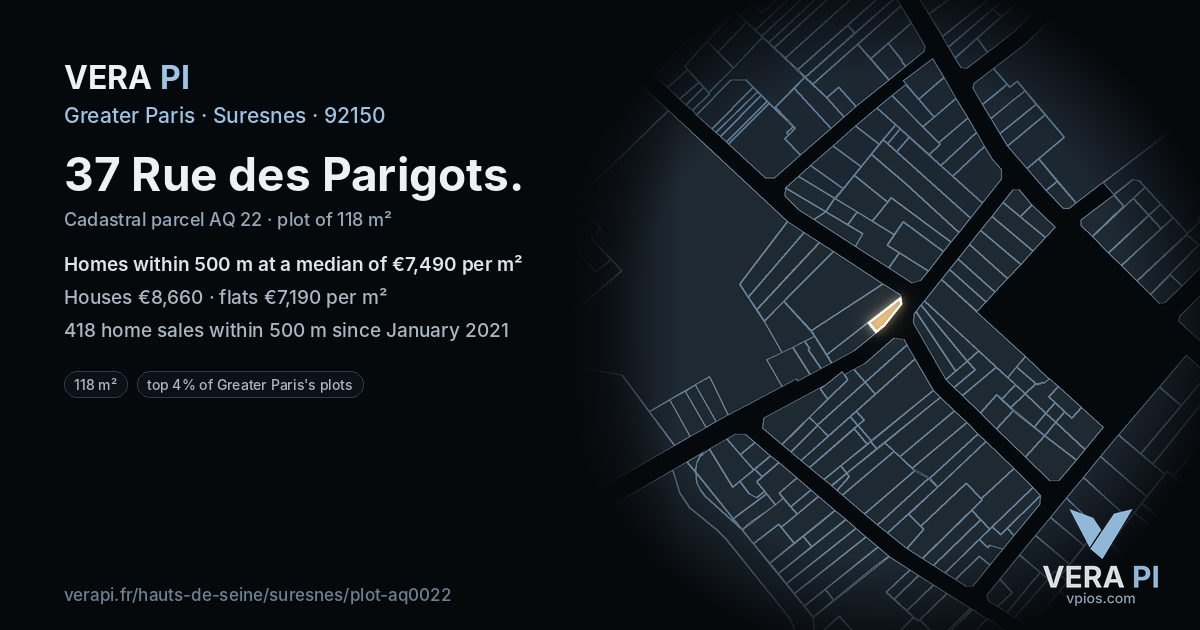 37 Rue des Parigots, Suresnes at night – the plot lit, the parcels around coloured by the prices near them