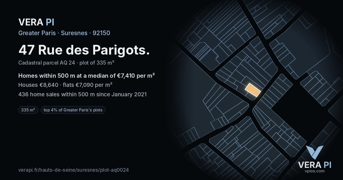 47 Rue des Parigots, Suresnes at night – the plot lit, the parcels around coloured by the prices near them