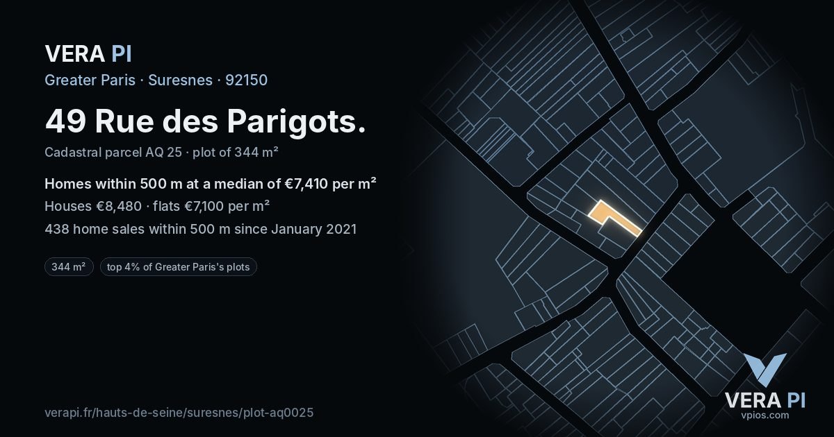 49 Rue des Parigots, Suresnes at night – the plot lit, the parcels around coloured by the prices near them