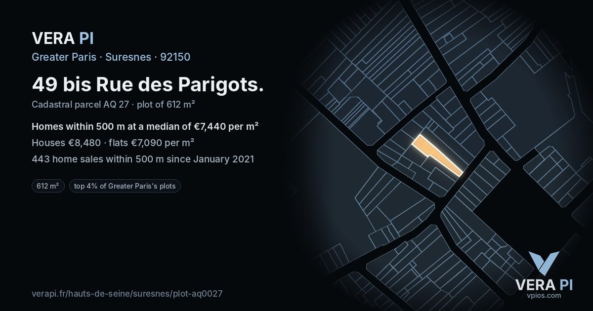 49 bis Rue des Parigots, Suresnes at night – the plot lit, the parcels around coloured by the prices near them
