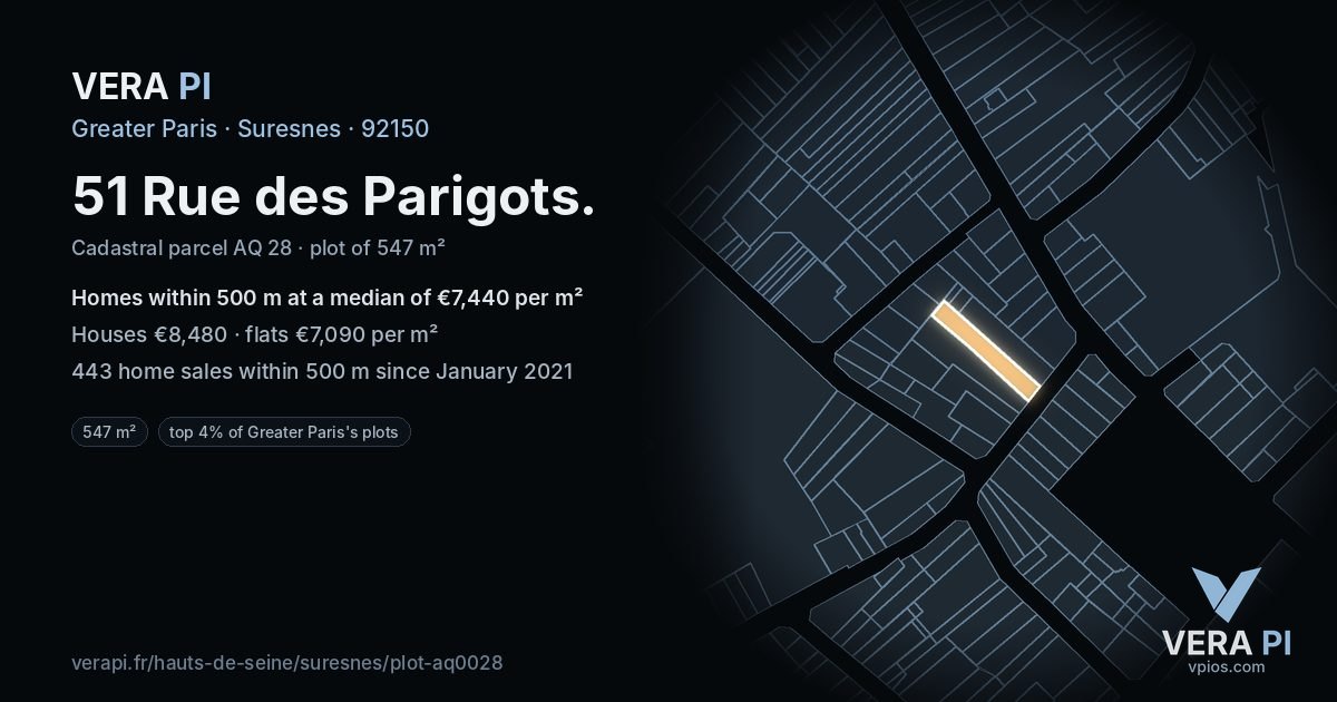 51 Rue des Parigots, Suresnes at night – the plot lit, the parcels around coloured by the prices near them