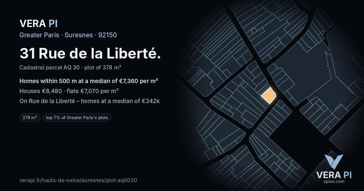 31 Rue de la Liberté, Suresnes at night – the plot lit, the parcels around coloured by the prices near them