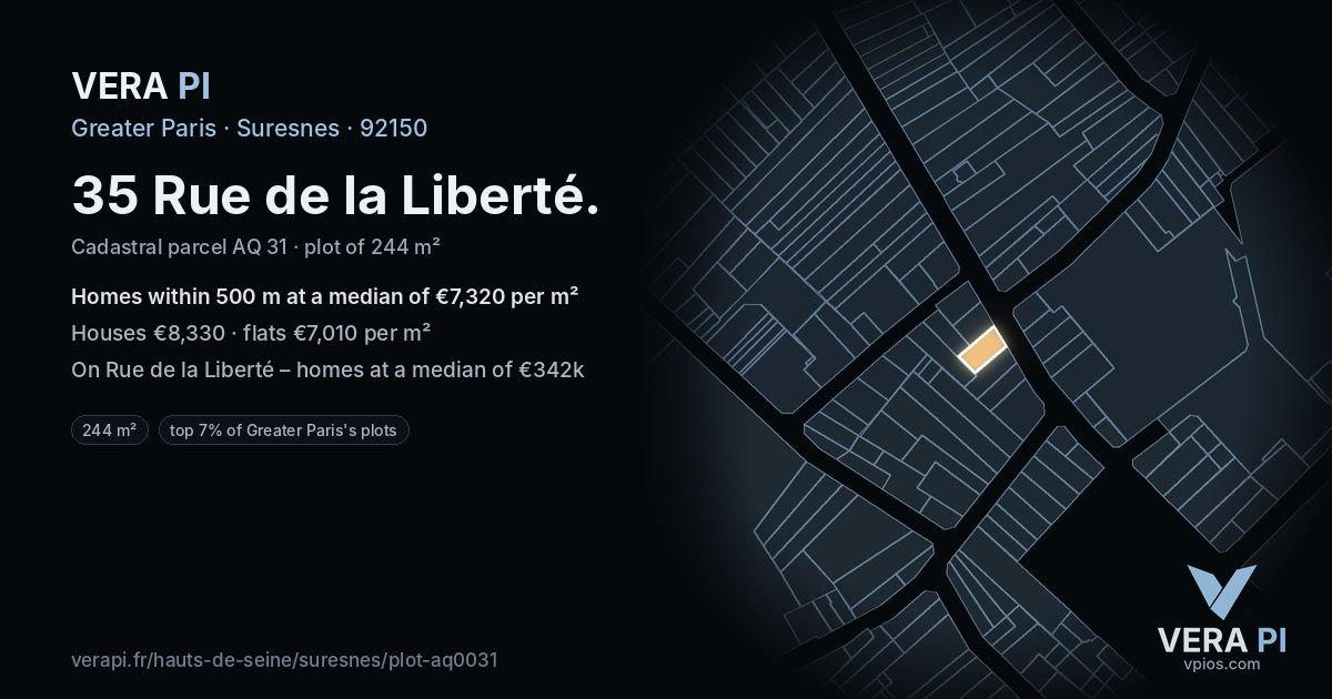 35 Rue de la Liberté, Suresnes at night – the plot lit, the parcels around coloured by the prices near them