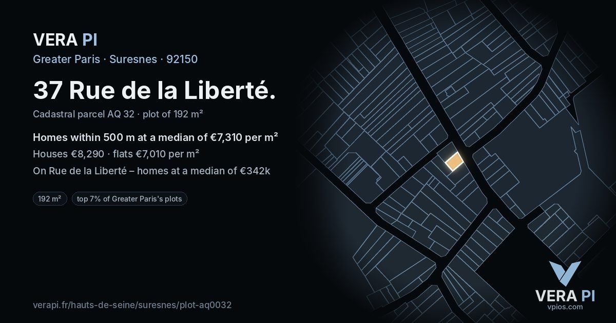 37 Rue de la Liberté, Suresnes at night – the plot lit, the parcels around coloured by the prices near them