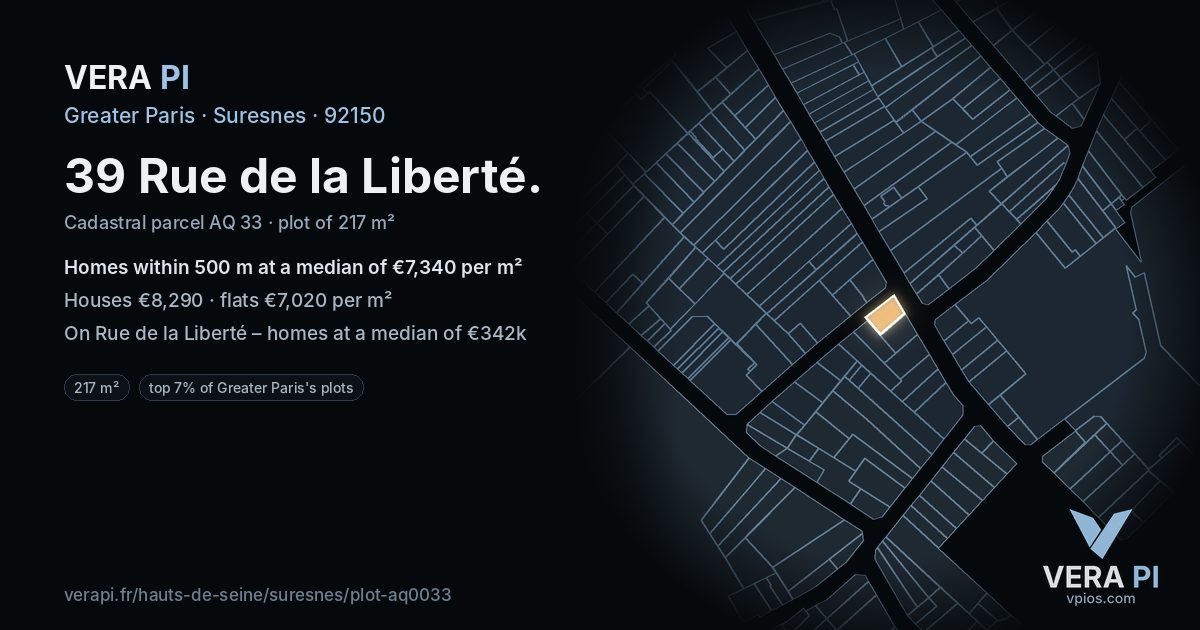 39 Rue de la Liberté, Suresnes at night – the plot lit, the parcels around coloured by the prices near them