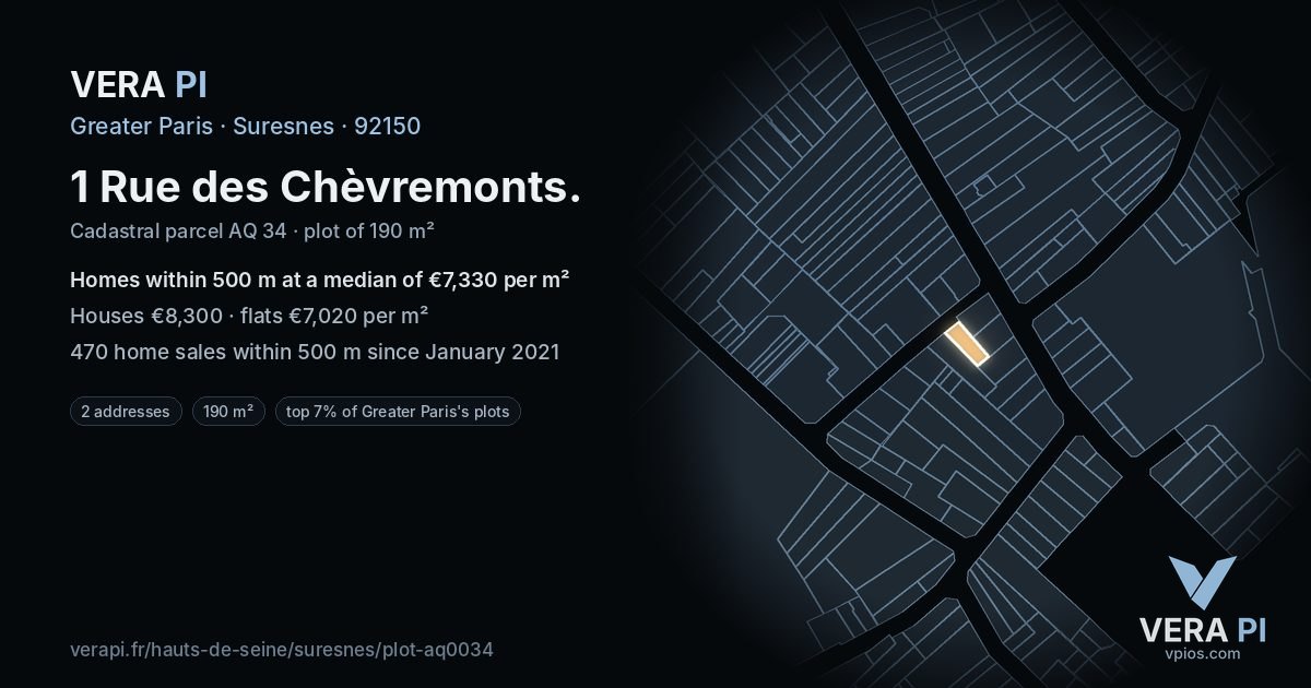 1 Rue des Chèvremonts, Suresnes at night – the plot lit, the parcels around coloured by the prices near them