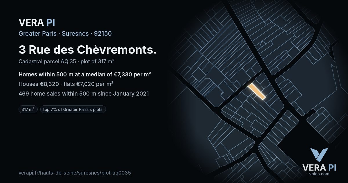 3 Rue des Chèvremonts, Suresnes at night – the plot lit, the parcels around coloured by the prices near them