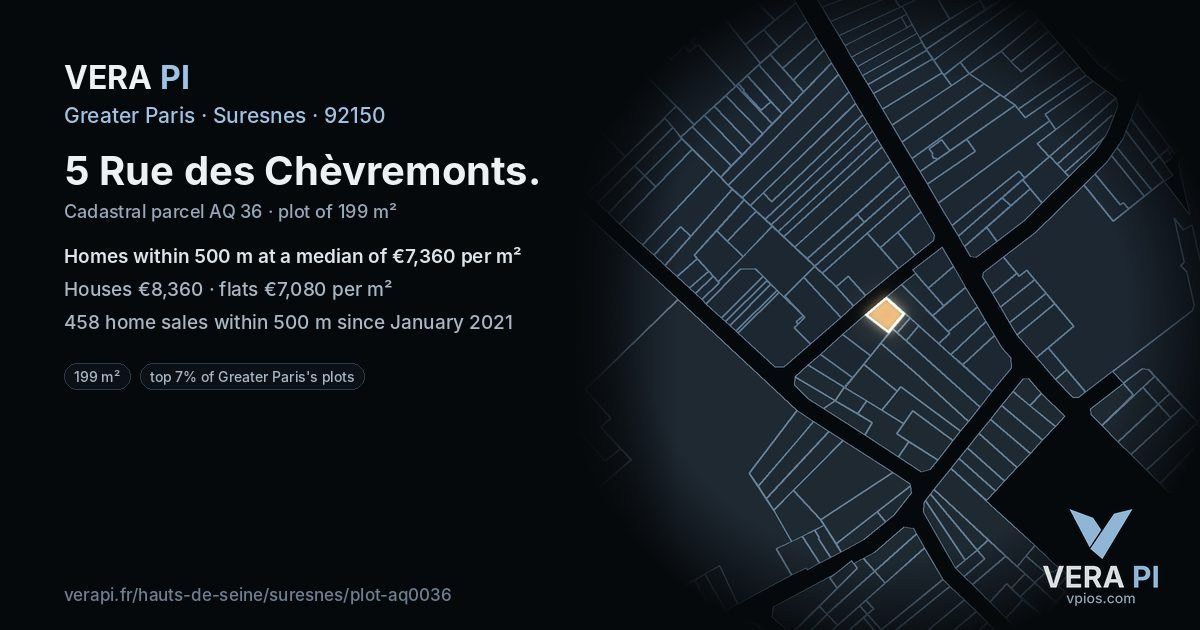 5 Rue des Chèvremonts, Suresnes at night – the plot lit, the parcels around coloured by the prices near them