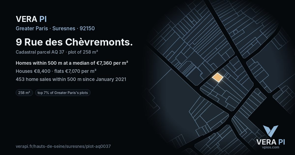 9 Rue des Chèvremonts, Suresnes at night – the plot lit, the parcels around coloured by the prices near them