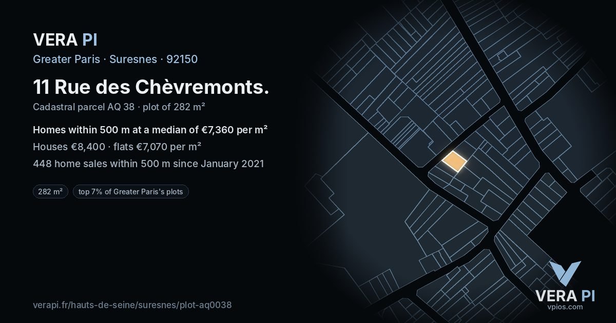 11 Rue des Chèvremonts, Suresnes at night – the plot lit, the parcels around coloured by the prices near them