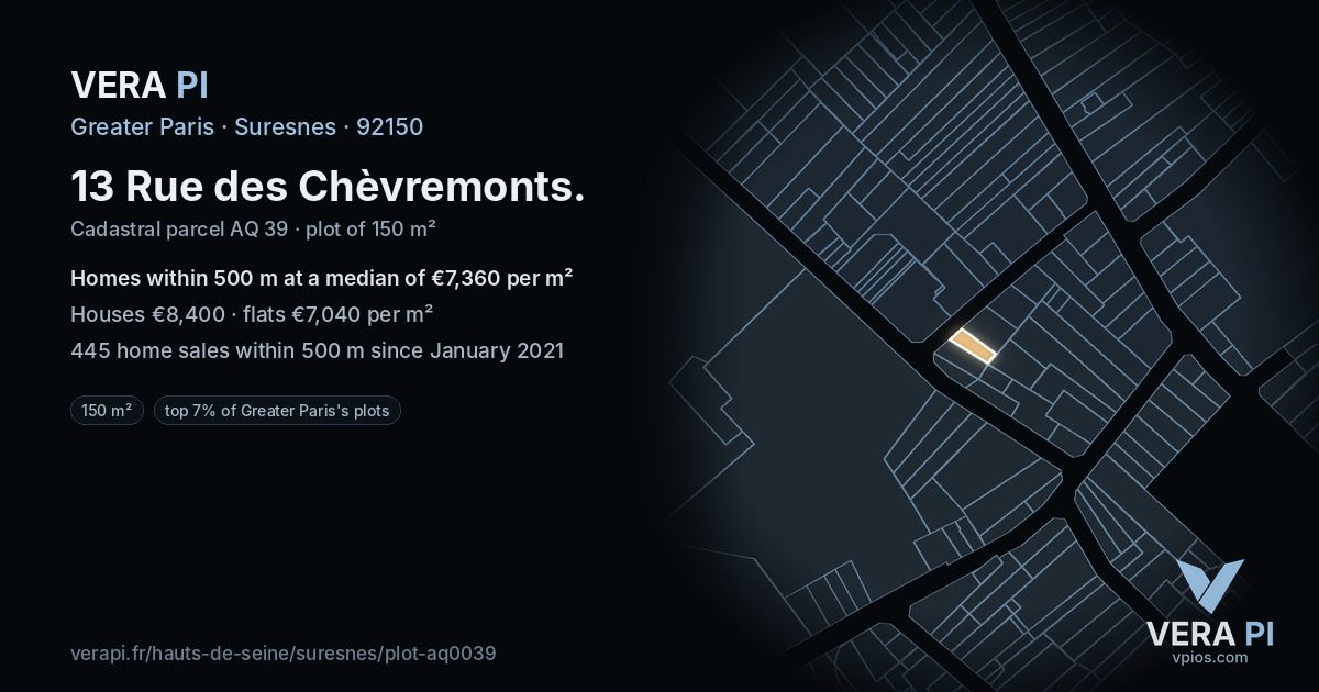 13 Rue des Chèvremonts, Suresnes at night – the plot lit, the parcels around coloured by the prices near them