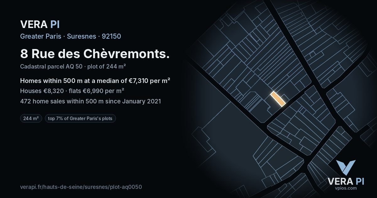 8 Rue des Chèvremonts, Suresnes at night – the plot lit, the parcels around coloured by the prices near them