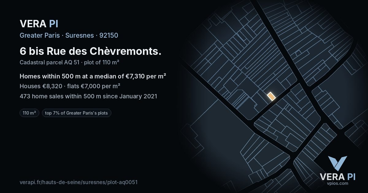 6 bis Rue des Chèvremonts, Suresnes at night – the plot lit, the parcels around coloured by the prices near them
