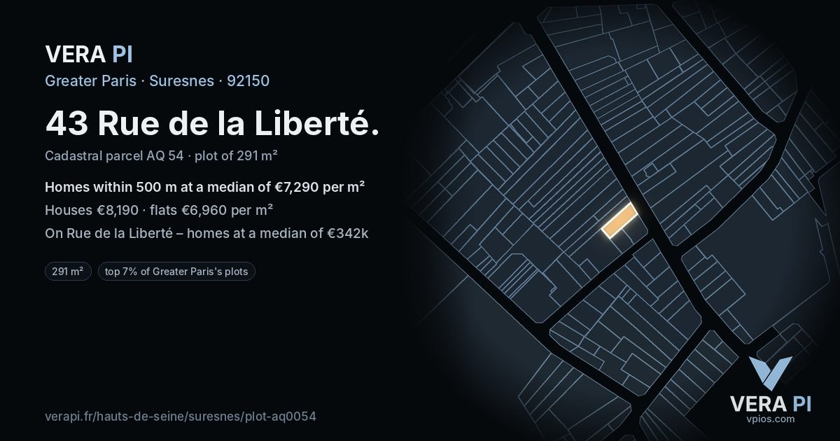 43 Rue de la Liberté, Suresnes at night – the plot lit, the parcels around coloured by the prices near them