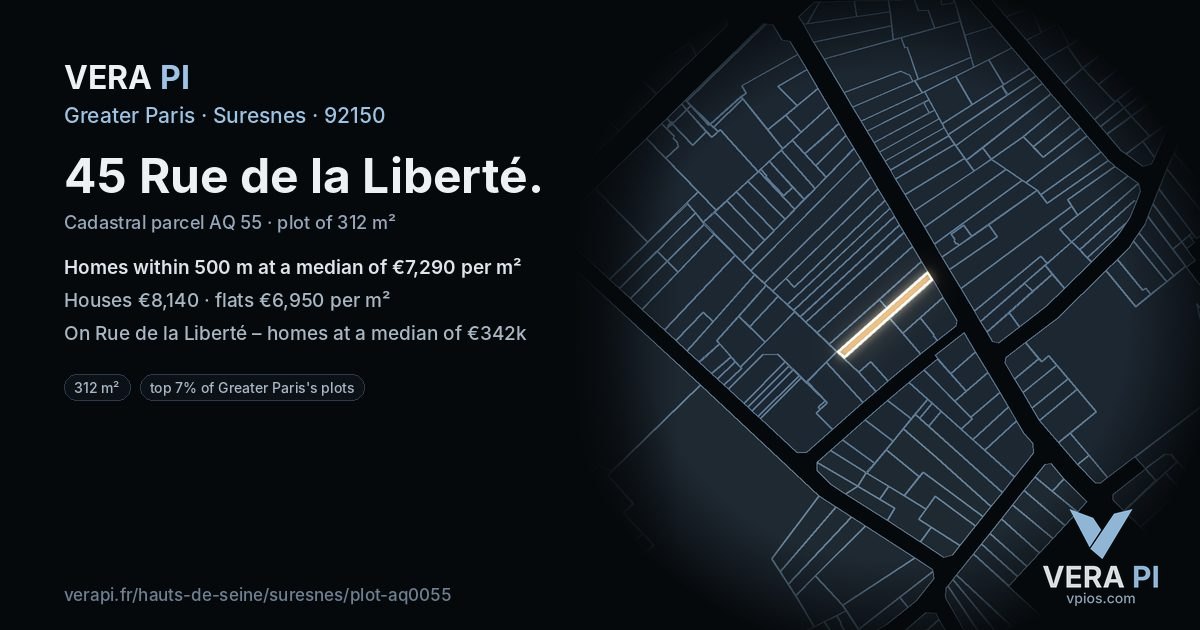 45 Rue de la Liberté, Suresnes at night – the plot lit, the parcels around coloured by the prices near them