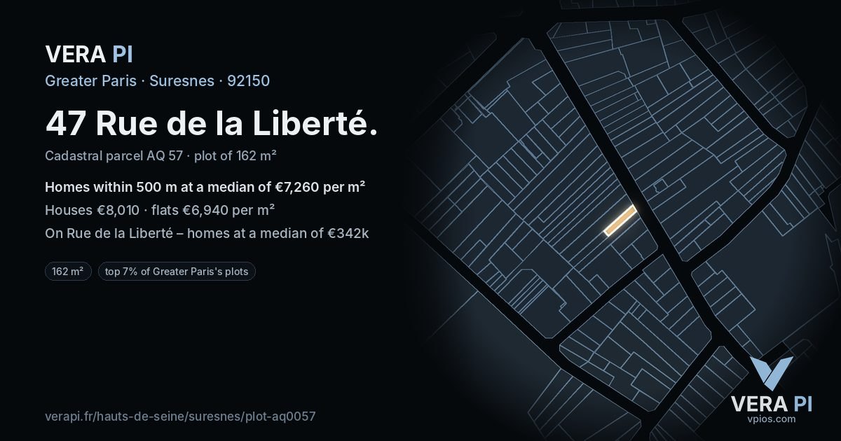 47 Rue de la Liberté, Suresnes at night – the plot lit, the parcels around coloured by the prices near them