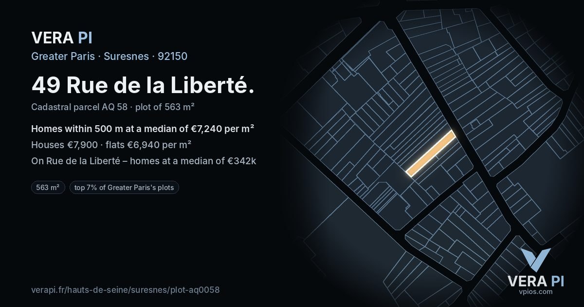 49 Rue de la Liberté, Suresnes at night – the plot lit, the parcels around coloured by the prices near them