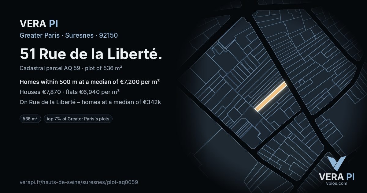 51 Rue de la Liberté, Suresnes at night – the plot lit, the parcels around coloured by the prices near them