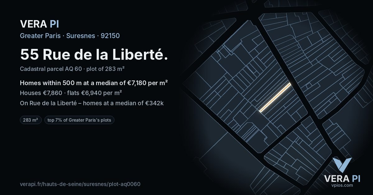 55 Rue de la Liberté, Suresnes at night – the plot lit, the parcels around coloured by the prices near them