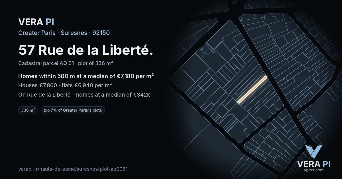 57 Rue de la Liberté, Suresnes at night – the plot lit, the parcels around coloured by the prices near them