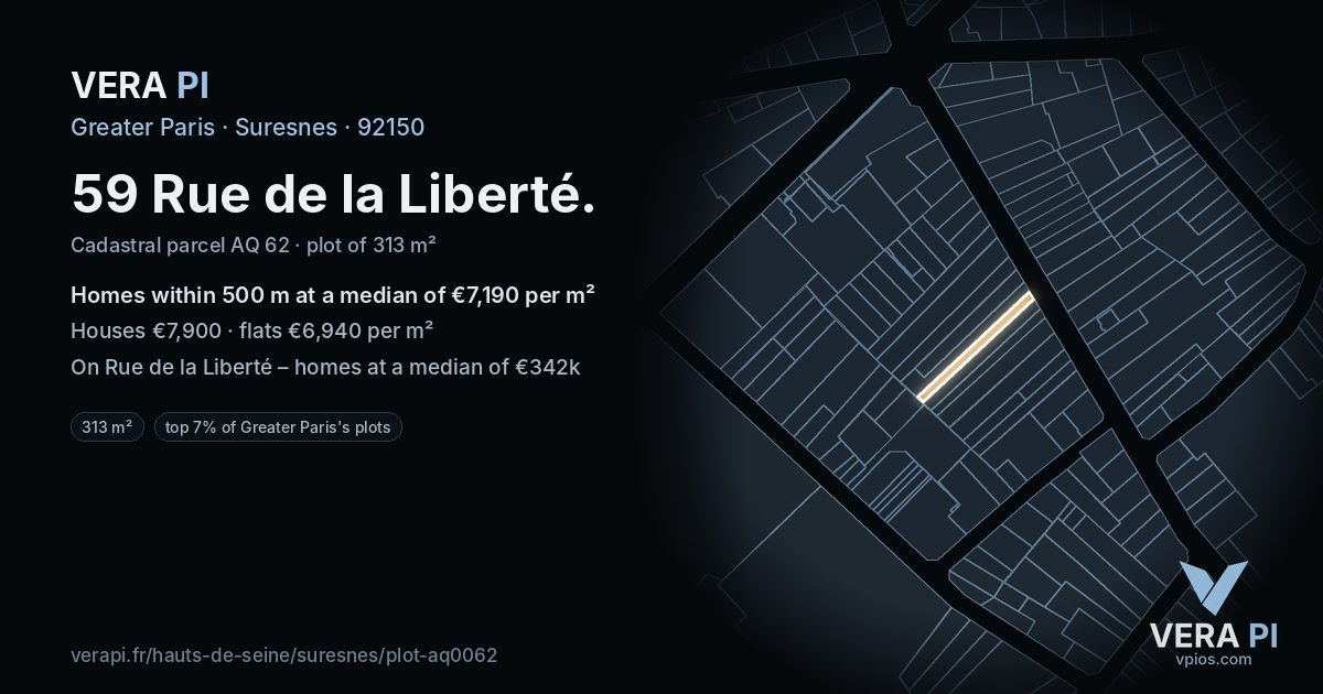 59 Rue de la Liberté, Suresnes at night – the plot lit, the parcels around coloured by the prices near them