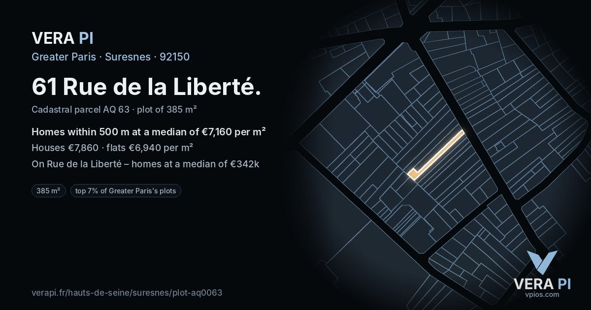 61 Rue de la Liberté, Suresnes at night – the plot lit, the parcels around coloured by the prices near them