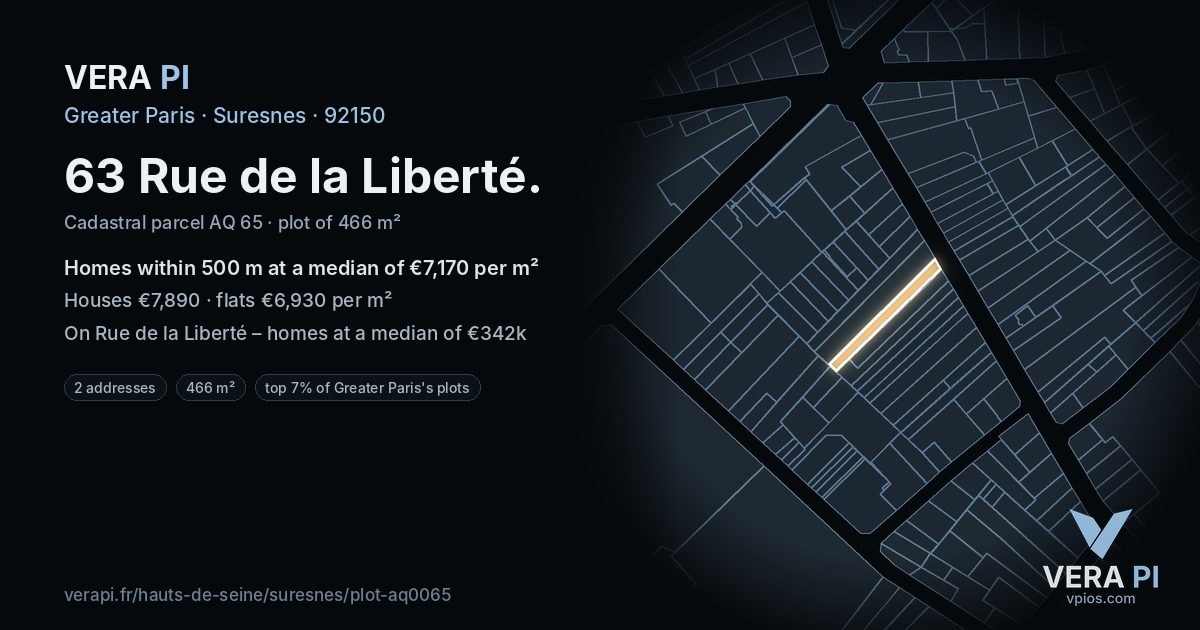 63 Rue de la Liberté, Suresnes at night – the plot lit, the parcels around coloured by the prices near them