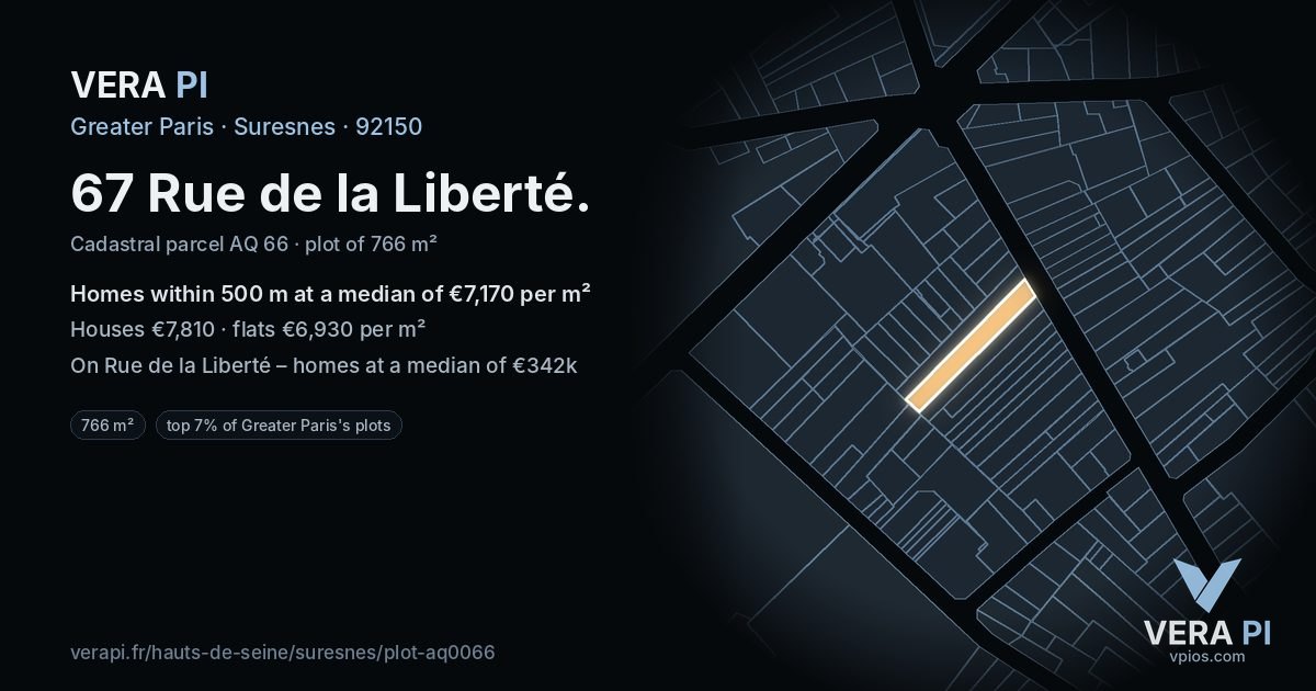 67 Rue de la Liberté, Suresnes at night – the plot lit, the parcels around coloured by the prices near them