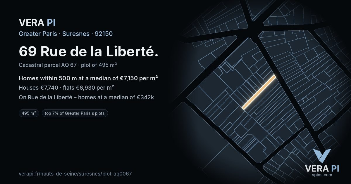 69 Rue de la Liberté, Suresnes at night – the plot lit, the parcels around coloured by the prices near them