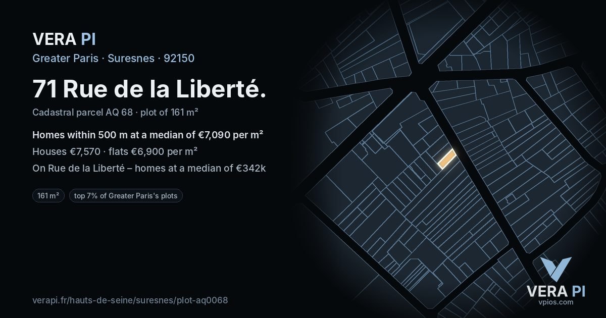 71 Rue de la Liberté, Suresnes at night – the plot lit, the parcels around coloured by the prices near them