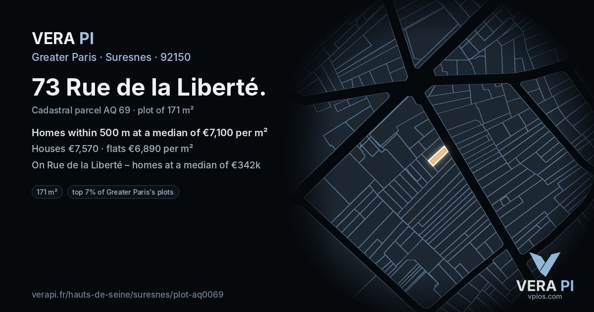 73 Rue de la Liberté, Suresnes at night – the plot lit, the parcels around coloured by the prices near them