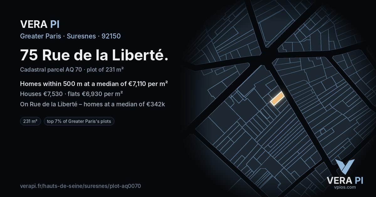75 Rue de la Liberté, Suresnes at night – the plot lit, the parcels around coloured by the prices near them