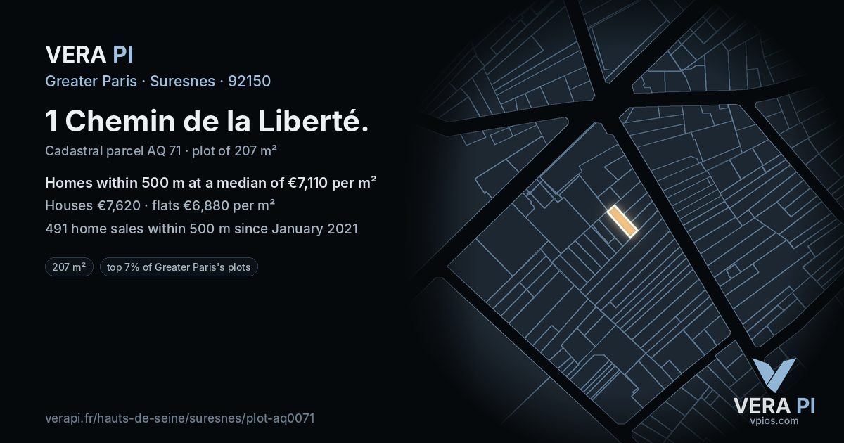 1 Chemin de la Liberté, Suresnes at night – the plot lit, the parcels around coloured by the prices near them