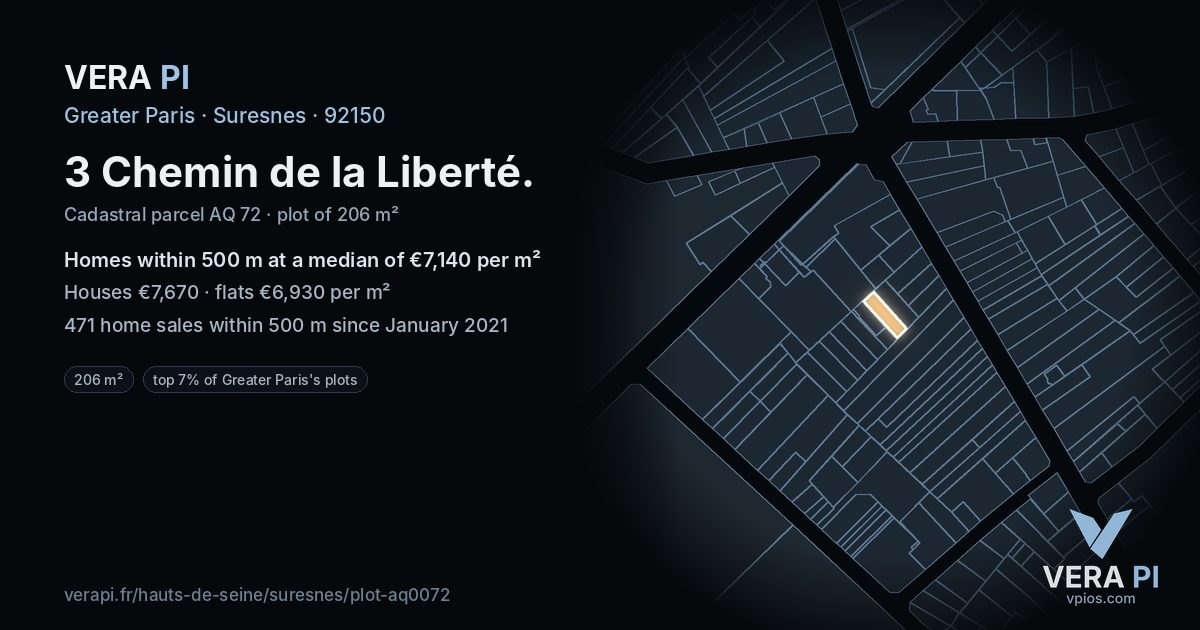 3 Chemin de la Liberté, Suresnes at night – the plot lit, the parcels around coloured by the prices near them