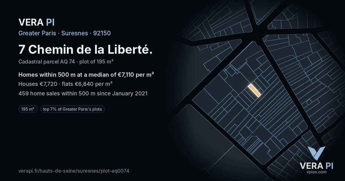7 Chemin de la Liberté, Suresnes at night – the plot lit, the parcels around coloured by the prices near them