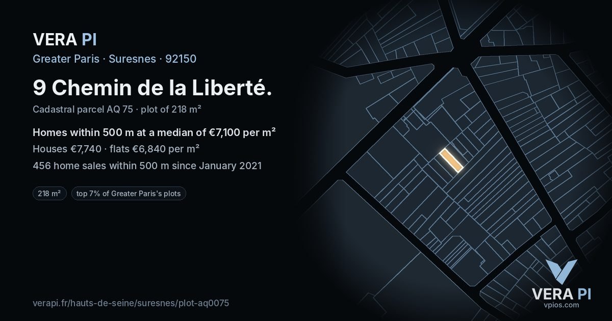 9 Chemin de la Liberté, Suresnes at night – the plot lit, the parcels around coloured by the prices near them